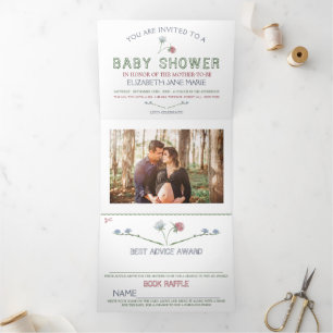 Invitation Trois Volets Elégante suite blanche, Baby shower Fleur sauvage