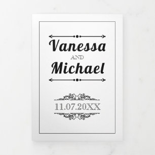 Invitation Trois Volets éléments vintage, typographie mariage noir et blan