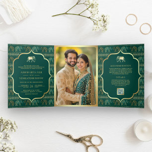 Invitation Trois Volets Éléphant Indien Or Vert Émeraude Photo Mariage