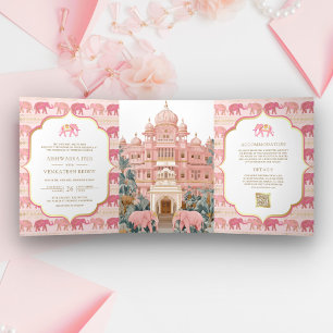 Invitation Trois Volets Éléphant Rose et Or Palais Indien Photo Mariage