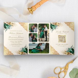 Invitation Trois Volets Emerald Floral Gold Lace QR code Cream Mariage
