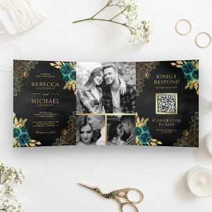Invitation Trois Volets Emerald Floral Gold Lace QR Code Mariage noir
