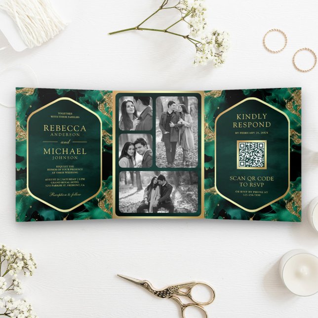 Invitation Trois Volets Emerald Gold Abstrait Fluid Ink QR Code Mariage (Créateur téléchargé)