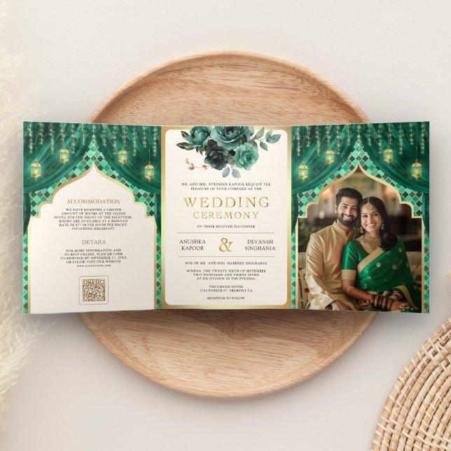 Invitation Trois Volets Emerald Gold Floral rideau Mariage indien hindou (Créateur téléchargé)