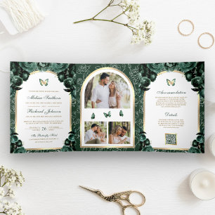 Invitation Trois Volets Emerald Green Floral Gold Arch Mariage papillon