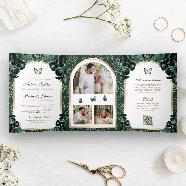 Invitation Trois Volets Emerald Green Floral Gold Arch Mariage papillon (Créateur téléchargé)