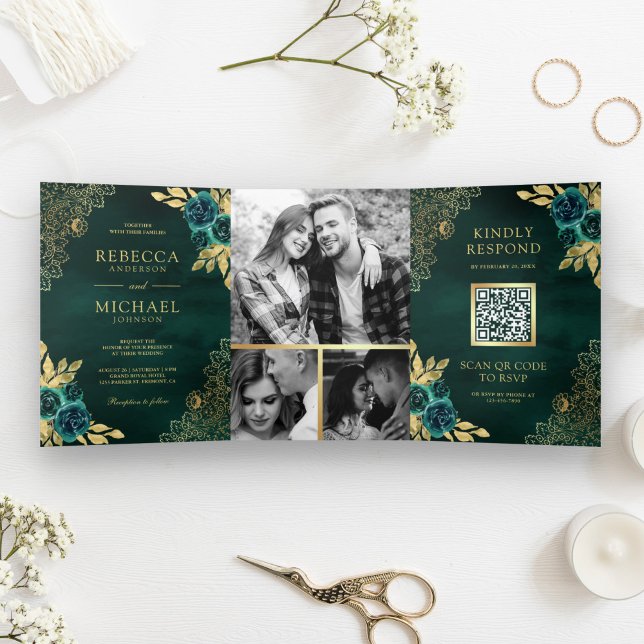 Invitation Trois Volets Emerald Green Floral Gold Lace QR Code Mariage (Créateur téléchargé)