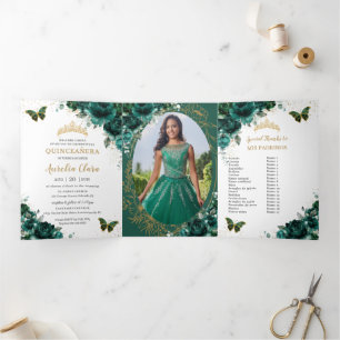Invitation Trois Volets Emerald Green Floral Gold Quinceañera 15 Photos