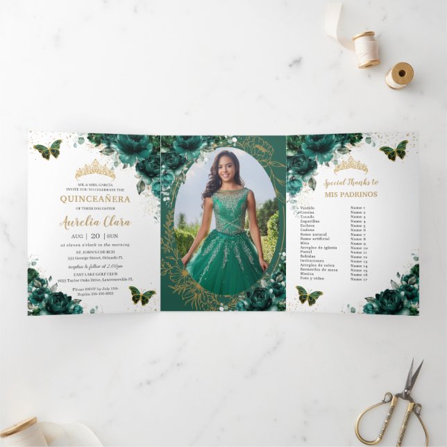 Invitation Trois Volets Emerald Green Floral Gold Quinceañera 15 Photos (Intérieur)