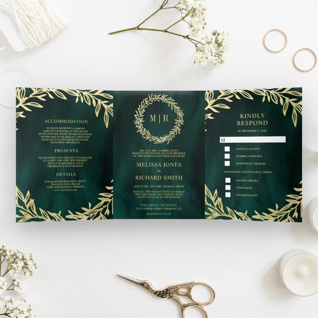 Invitation Trois Volets Emerald Green Gold Leaf Branche tout en un Mariage (Créateur téléchargé)