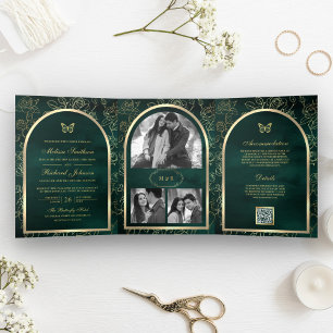 Invitation Trois Volets Emerald Green Line Art Gold Arch Mariage papillon