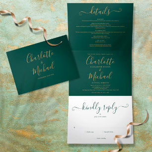 Invitation Trois Volets Emerald Green Modern Gold Script Mariage photo