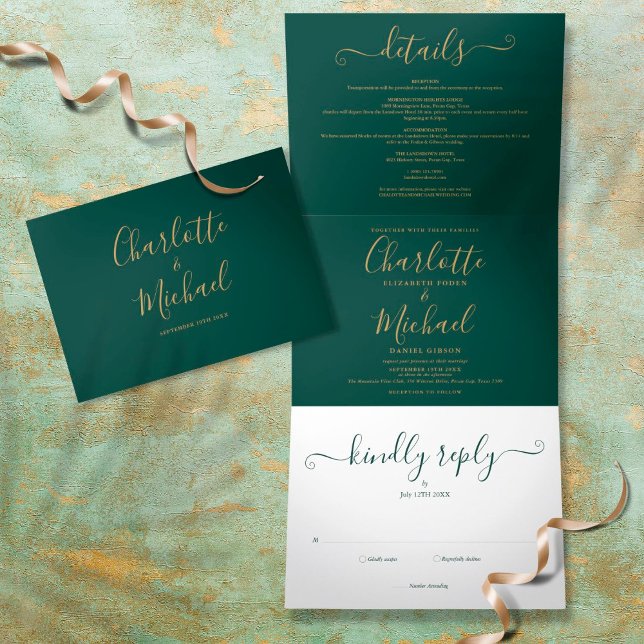 Invitation Trois Volets Emerald Green Modern Gold Script Mariage photo (Créateur téléchargé)