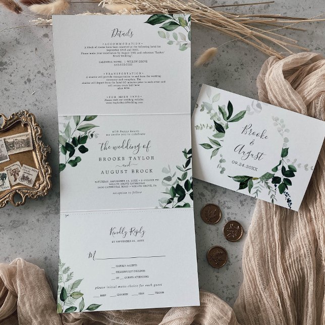 Invitation Trois Volets Émeraude | Mariage arrière feuille tout en un (Créateur téléchargé)