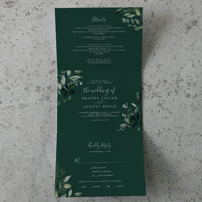 Invitation Trois Volets Émeraude | Mariage photo vert tout en un (Créateur téléchargé)