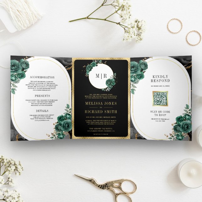 Invitation Trois Volets Émeraude Vert Floral Marbre Noir Code QR Mariage (Créateur téléchargé)