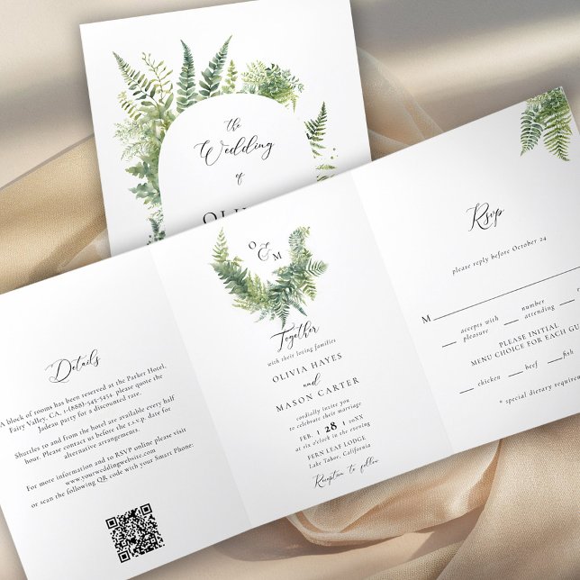Invitation Trois Volets Enchanted Forest Mountain Fermes Boho Arch Mariage (enchanted forest wedding invitation botanical boho arch fern outdoors mountains sage all one trifold)