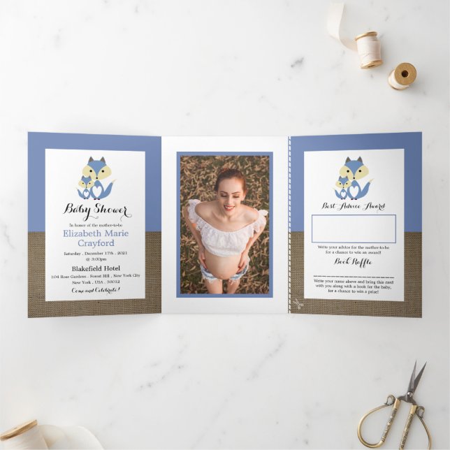 Invitation Trois Volets Ensemble Baby Shower Blue Fox Burlap (Intérieur)