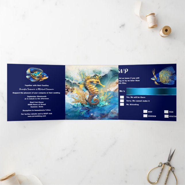 Invitation Trois Volets Equestre corail récif île mer littoral chic (Intérieur)