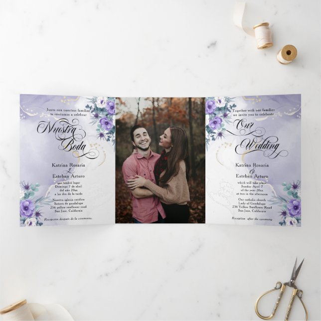 Invitation Trois Volets Espagnol Anglais Flores Moradas Fleurs pourpres Tr (Intérieur)