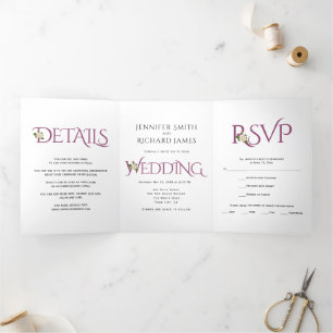 Invitation Trois Volets Esperluette violet Cassis avec mariage rose blanc