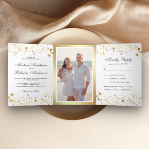 Invitation Trois Volets Étoiles en feuille d'or Confettis Mariage Blanc