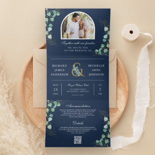 Invitation Trois Volets Eucalyptus Arche Photo Bleu Marine Code QR Mariage