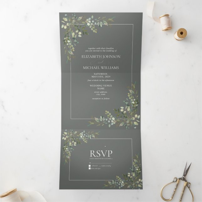 Invitation Trois Volets Eucalyptus Botanique Sage Vert Script Mariage Tri (Intérieur)