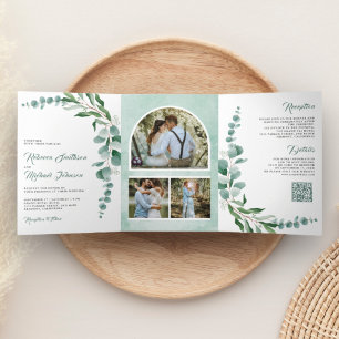 Invitation Trois Volets Eucalyptus Branch Photo Collage Code QR Mariage