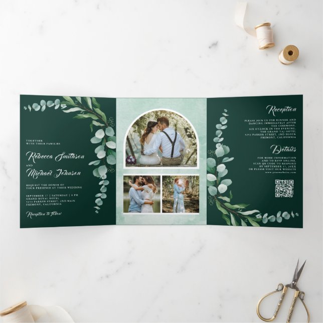 Invitation Trois Volets Eucalyptus Branch Photo QR Code Emerald Wedding (Intérieur)