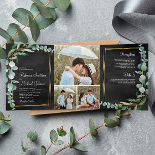Invitation Trois Volets Eucalyptus Branche Black Gold Photo Collage Mariag