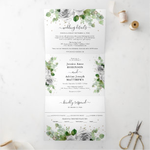 Invitation Trois Volets Eucalyptus Green & Gold Classic Mariage Tri-Fol