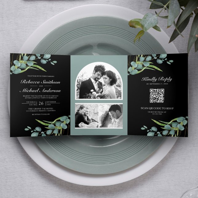 Invitation Trois Volets Eucalyptus Photo Collage QR Code Mariage noir (Créateur téléchargé)