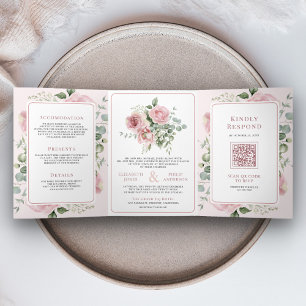 Invitation Trois Volets Eucalyptus rose pâle en un seul Mariage