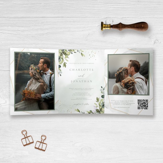 Invitation Trois Volets Eucalyptus tout en un QR Code Mariage photo (Créateur téléchargé)