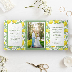 Invitation Trois Volets Faire de verdure de citron élégant Photo de mariag