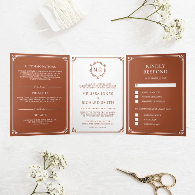 Invitation Trois Volets Faire Mariage Monogramme Blanc et Terracotta (Créateur téléchargé)