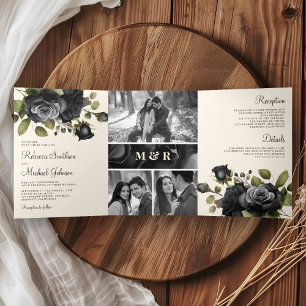 Invitation Trois Volets Fairepart de mariage crème Roses noires Collage de