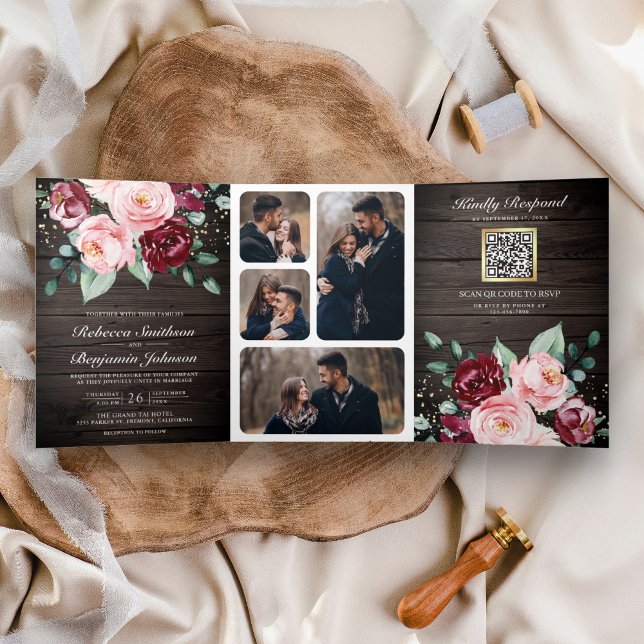 Invitation Trois Volets Fairepart de mariage en bois avec code QR floral b (Créateur téléchargé)