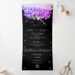 Invitation Trois Volets Fairy Lights Élégant Plum rose Mariage de feuille 