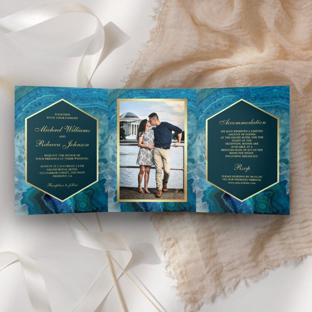 Invitation Trois Volets Faux Gold Foil Blue Agate Mariage Photo (Créateur téléchargé)