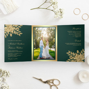 Invitation Trois Volets Faux Gold Foil Feuilles Floral Emerald Green Maria