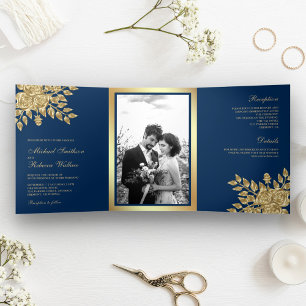 Invitation Trois Volets Faux Gold Foil Feuilles Floral Navy Blue Mariage