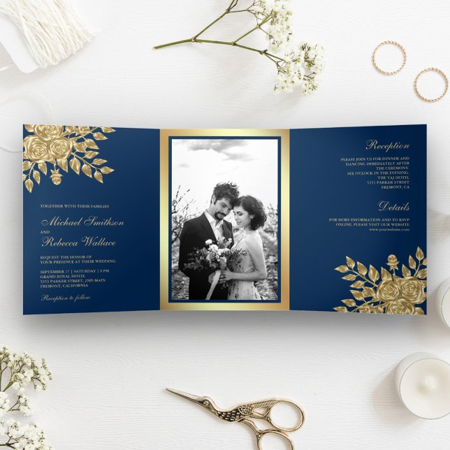 Invitation Trois Volets Faux Gold Foil Feuilles Floral Navy Blue Mariage (Créateur téléchargé)