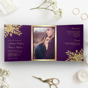Invitation Trois Volets Faux Gold Foil Feuilles Floral Purple Mariage