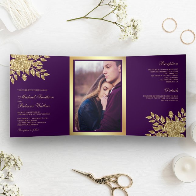 Invitation Trois Volets Faux Gold Foil Feuilles Floral Purple Mariage (Créateur téléchargé)