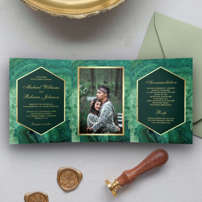Invitation Trois Volets Faux Gold Foil Green Agate Mariage Photo (Créateur téléchargé)