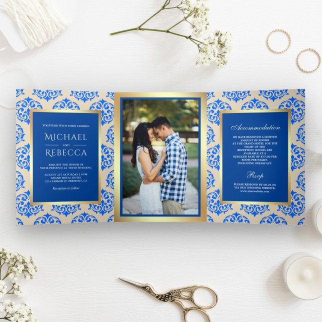Invitation Trois Volets Faux Gold Foil Royal Blue Mariage damassé Photo (Créateur téléchargé)