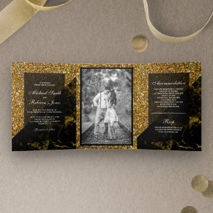 Invitation Trois Volets Faux Or Pailleté Or Marbre Mariage Photo