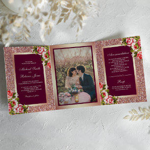 Invitation Trois Volets Faux or rose pailleté scintillant rose floral mari